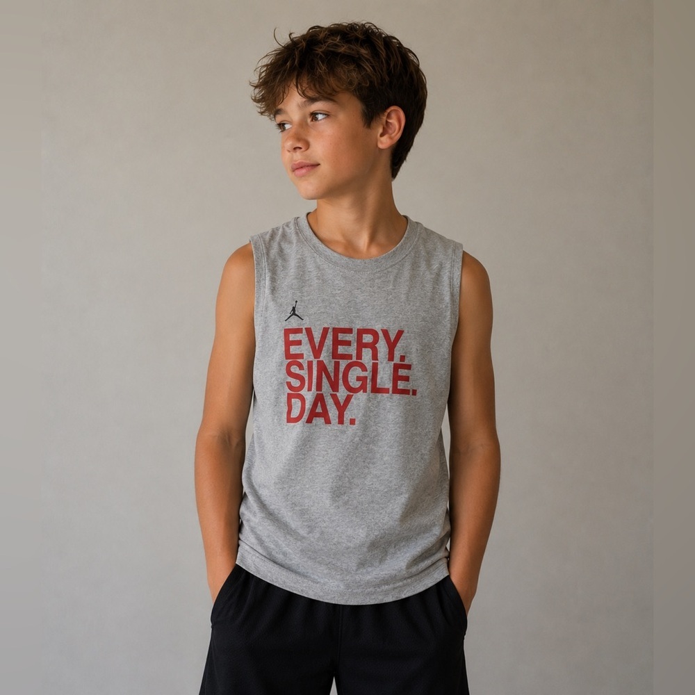 Jordan Boys “Every. Single. Day.” Sleeveless Top – Gray Red Graphic Shirt Size L